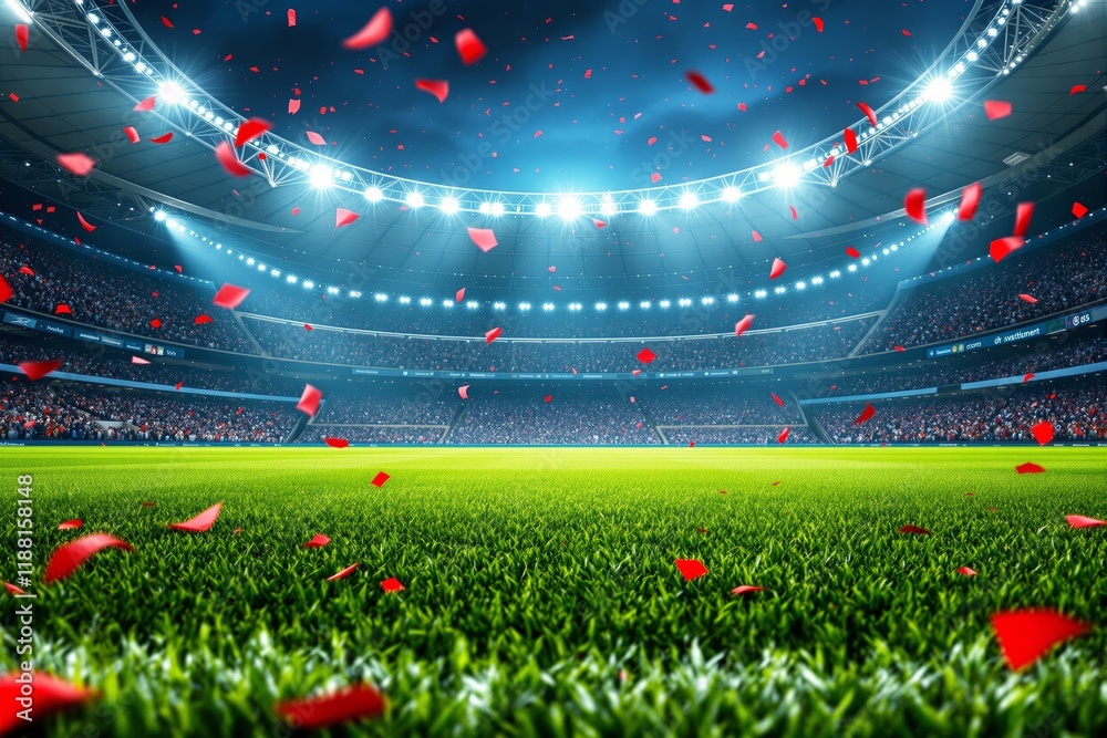 Poster stadium with illuminated field and red confetti in the air at night.