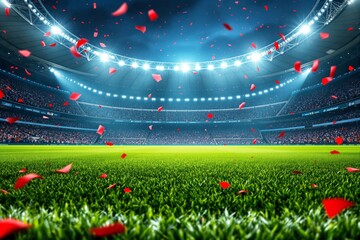 Stadium with illuminated field and red confetti in the air at night.