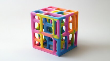 Colorful 3D-printed cube with intricate internal structure, isolated on white background.
