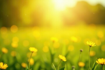 Vibrant yellow bokeh effect, sunlit field in summer , focus, hayfield