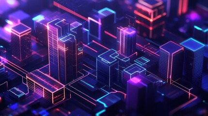 Futuristic neon city skyline, digital illustration.