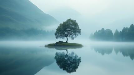 Serene reflection of a lone tree in misty lake tranquil nature scene
