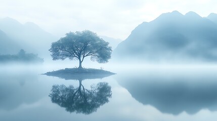 Serene reflection of a lone tree in misty lake landscape