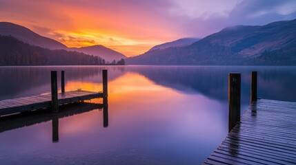Obraz premium Stunning Dawn Reflections Over Calm Lake Surrounded by Mountains