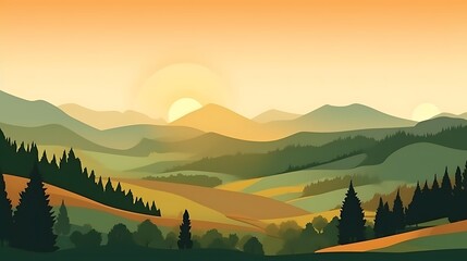 Serene Sunset Over Rolling Hills and Forests