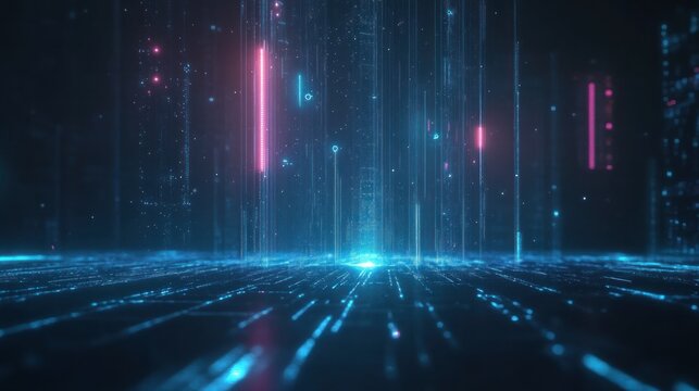 Abstract digital data stream, glowing lines and particles.