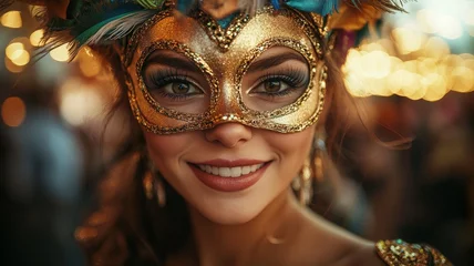 A beautiful Brazilian woman celebrating Carnival, wearing an elegant gold mask adorne