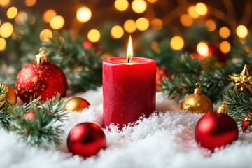 Festive arrangement with red candle, ornaments, and snow-covered greenery against warm glowing bokeh lights.