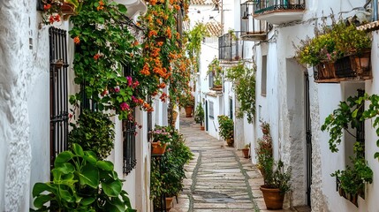 Fototapeta premium Serene Whitewashed Alley Surrounded by Colorful Flowering Vines