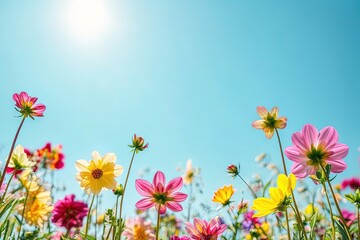 A colorful garden filled with vibrant dahlias in full bloom under a clear blue sky.