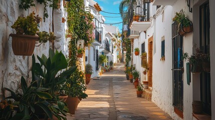 Fototapeta premium Charming Whitewashed Alley with Flower Pots in Sunny Village