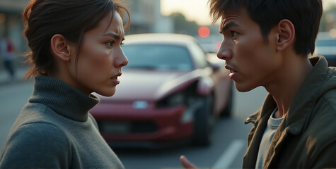 Fototapeta premium A two drivers arguing after a traffic accident