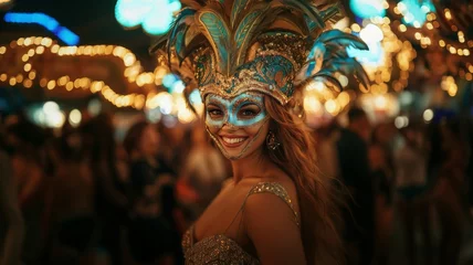 A beautiful Brazilian woman celebrating Carnival, wearing an elegant gold mask adorne