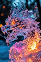 A close-up of intricate ice carvings showcasing animals and mythical creatures glowing in vibrant lights
