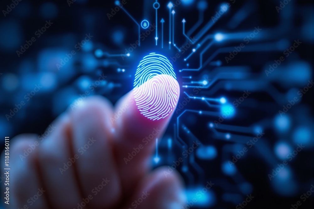 Poster Finger pressing digital fingerprint icon with glowing lines on dark background, concept of biometric security and AI generative technology.