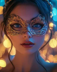 A beautiful Brazilian woman celebrating Carnival, wearing an elegant gold mask adorne