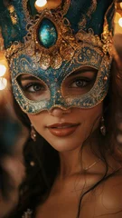 A beautiful Brazilian woman celebrating Carnival, wearing an elegant gold mask adorne