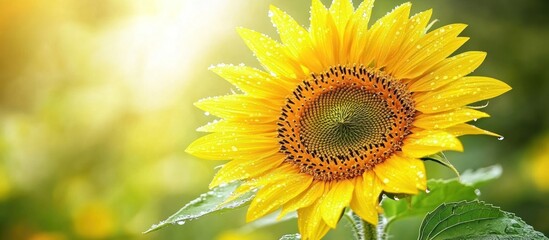 Obraz premium Dew-kissed sunflower in sunlight. (1)