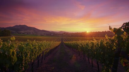Fototapeta premium Serene Sunset Over Lush Vineyard Rows in Scenic Landscape