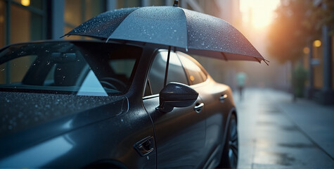 A car protected by an umbrella, representing the insurance concept, with an emphasis on protection and security