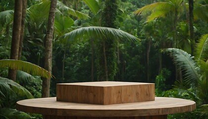 Wooden podium in tropical forest for product presentation.3d rendering,display, jungle, platform, presentation, product, stage, 786
