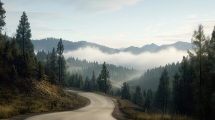The paved road curves uphill, surrounded by lush greenery and framed by a crisp blue sky dotted with clouds, highlighting nature&rsquo;s harmony.