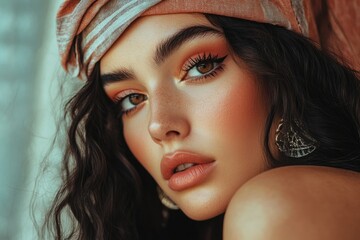 Naklejka premium Serious Hispanic woman with trendy headgear against degraded background