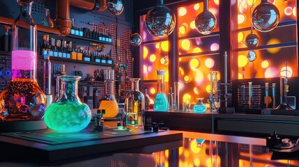 Colorful Laboratory Scene with Glassware and Chemical Experiments
