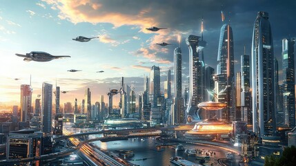 Naklejka premium Futuristic Cityscape at Dusk with Flying Vehicles and Sleek Architecture
