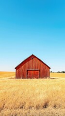 Rustic Red Barn Surrounded by Golden Fields under Clear Blue Sky