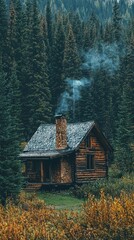 Cozy Wood Cabin with Smoke Rising in Serene Autumn Forest