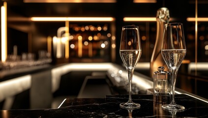 Two champagne flutes on a bar counter.