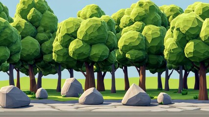 Lush green forest with low-poly trees and geometric rocks under a clear blue sky - Powered by Adobe