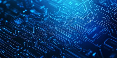 Obraz premium Abstract background featuring blue circuitry technology. The emphasis is on a blue tech circuit design that embodies modern technological aesthetics.