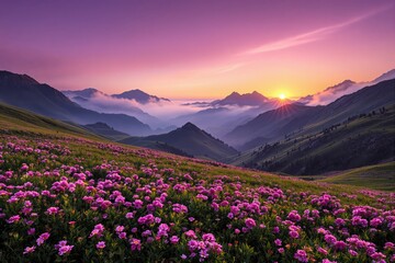Sunset over a mountain meadow with vibrant pink flowers and misty hills in the distance.