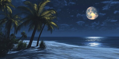 A tropical island night scene featuring palm trees and a moonlit beach sets a perfect Halloween atmosphere while providing ample copy space. Ideal for seasonal themes!