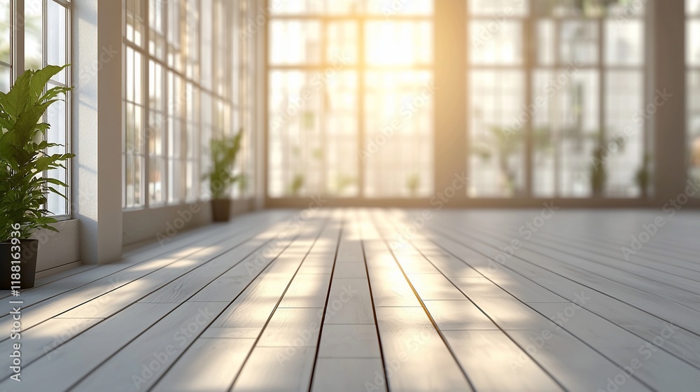 Aufkleber Sunlit empty room with large windows and wooden floor.