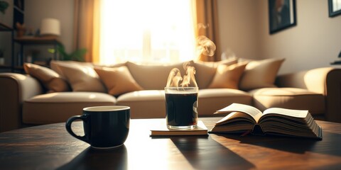 A cup of coffee steaming on a table next to an open book and a couch in the background