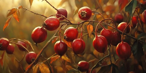 Autumnal rosehip fruits adorning a bush bask in the soft glow of evening light, showcasing the vibrant hues of rosehip in this serene natural setting. The rosehip fruits create a stunning visual