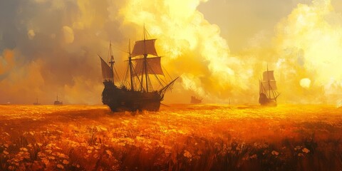 Fototapeta premium Ships basking in a sunlit yellow field create a stunning scene, with the ships elegantly contrasting against the blurred background of vibrant colors in the landscape.