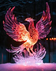 Obraz premium A magical ice sculpture of a phoenix with extended wings, glowing in red and orange hues under spotlights