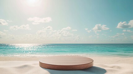 Fototapeta premium Serene Beachscape: Wooden Platform on Sandy Shore Under Sunny Skies