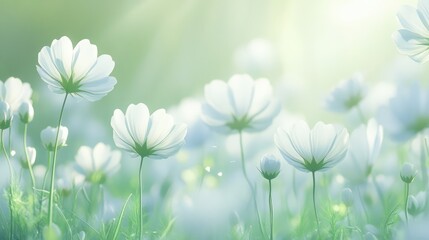 Springtime field with white flowers in bloom.