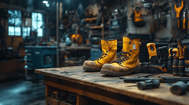 Industrial action yellow work boots in workshop setting engaging environment