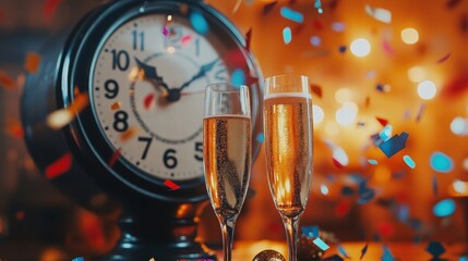 A New Year's Eve holiday party with a countdown clock, champagne flutes, and confetti ready to explode at midnight