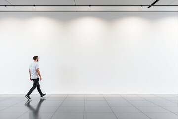 Minimalistic scene of a man walking past a brightly lit blank wall.