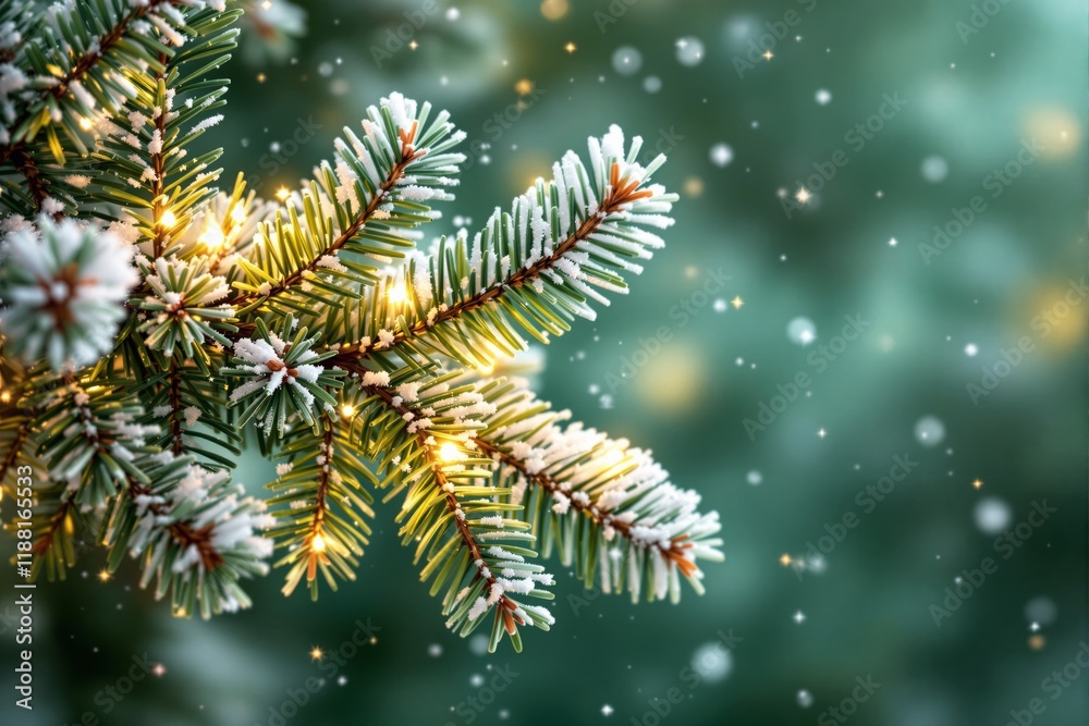 Poster close-up of snow-covered pine branches with warm lights on soft green background.