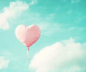 Obraz premium A pink heart-shaped balloon floating in the sky, with clouds and small hearts around it. A paper cut-out effect creates an elegant Valentine's Day background.