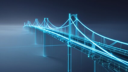 Futuristic Neon Bridge Wireframe Architecture on a Misty Horizon in Deep Blue Tones