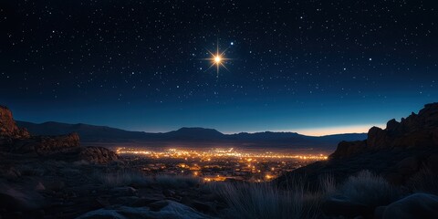 Obraz premium A serene view of the Star of Bethlehem shining over a quiet desert landscape on Christmas Eve